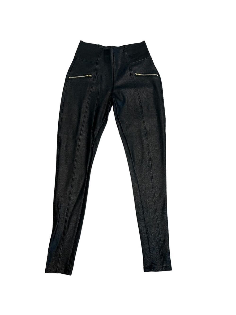 Revamped black faux leather high waisted zipper moto leggings pants